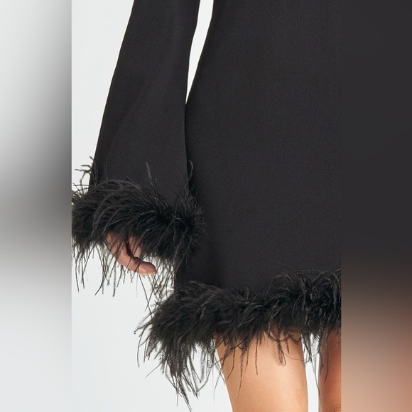 NWT WAYF Black Karlie Feather Trim Long Sleeve Women’s Minidress Size X-Small - Picture 5 of 6